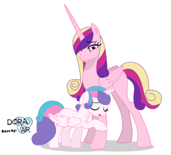 Size: 2392x2168 | Tagged: safe, artist:doraair, artist:lillyblosam, imported from derpibooru, princess cadance, princess flurry heart, alicorn, pony, base used, duo, duo female, eyes closed, female, high res, mama cadence, mare, mother and child, mother and daughter, older, older flurry heart, sad, simple background, smiling, white background