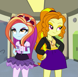 Size: 513x507 | Tagged: safe, artist:confrank01, artist:limedazzle, artist:xebck, imported from derpibooru, adagio dazzle, sassy saddles, equestria girls, alternate hairstyle, alternate universe, bracelet, canterlot high, clothes, duo, duo female, equestria girls-ified, female, fingerless gloves, gem, gloves, hallway, hand on hip, jewelry, lockers, siren gem, smiling, smirk, spikes