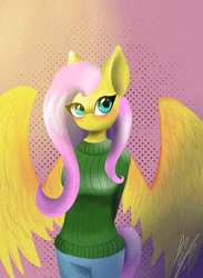 Size: 1100x1500 | Tagged: safe, artist:yanderecomet, imported from derpibooru, fluttershy, anthro, pegasus, blushing, clothes, female, solo, sweater, sweatershy