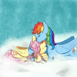 Size: 1500x1500 | Tagged: safe, artist:jamizin, imported from derpibooru, fluttershy, rainbow dash, pegasus, pony, cloud, cute, duo, eyes closed, female, flutterdash, kissing, lesbian, lying down, prone, shipping