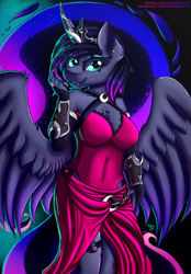 Size: 1742x2500 | Tagged: safe, artist:midnightsix3, imported from derpibooru, princess luna, alicorn, anthro, chest fluff, clothes, curved horn, dress, horn, solo, wings