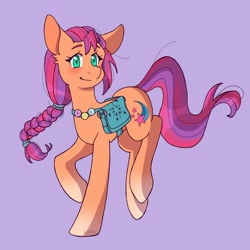 Size: 1600x1600 | Tagged: safe, artist:petaltheartist, imported from derpibooru, sunny starscout, earth pony, pony, bag, female, g5, looking at you, mare, my little pony: a new generation, pin, purple background, raised hoof, satchel, simple background, smiling, solo, turned head