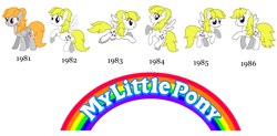 Size: 2139x1049 | Tagged: safe, artist:piggyman54, imported from derpibooru, surprise, pegasus, pony, 1980's, 1981, 1982, 1983, 1984, 1985, 1986, 80s, adoraprise, black text, cute, evolution, female, flying, g0 to g4, g1, g1 to g4, g4, generation leap, logo, mare, my little pony logo, my pretty pony, open mouth, open smile, raised hoof, raised leg, simple background, smiling, text, white background