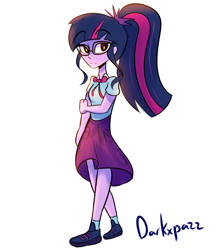 Size: 1920x2200 | Tagged: safe, artist:darkxpazz, imported from derpibooru, sci-twi, twilight sparkle, equestria girls, clothes, female, glasses, ponytail, simple background, skirt, solo, white background