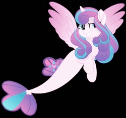 Size: 749x703 | Tagged: safe, artist:redfox390, imported from derpibooru, princess flurry heart, alicorn, pony, seapony (g4), black background, blue eyes, dorsal fin, feather, female, fish tail, flowing mane, flowing tail, grin, horn, purple mane, seaponified, seapony flurry heart, simple background, smiling, solo, species swap, spread wings, tail, teeth, wings