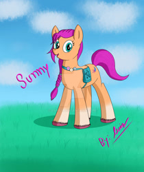 Size: 1280x1525 | Tagged: safe, artist:lurfy, imported from derpibooru, sunny starscout, earth pony, pony, bag, coat markings, colored hooves, deviantart watermark, female, g5, grass, mare, my little pony: a new generation, obtrusive watermark, open mouth, open smile, pin, smiling, socks (coat markings), solo, unshorn fetlocks, watermark