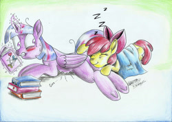 Size: 2330x1656 | Tagged: safe, artist:3500joel, imported from derpibooru, apple bloom, twilight sparkle, oc, alicorn, pony, blushing, book, butt, butt pillow, butt touch, duo, eyes closed, female, filly, glowing, glowing horn, gritted teeth, hoof on butt, horn, imminent fart, innuendo, lesbian, levitation, looking back, lying down, magic, mare, need to fart, nervous, onomatopoeia, plot, prone, scissors, sleeping, smiling, sound effects, stomach growl, stomach noise, sweat, sweatdrops, telekinesis, traditional art, twibutt, twilight sparkle (alicorn), underhoof, zzz