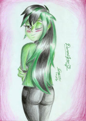 Size: 1654x2339 | Tagged: safe, artist:3500joel, imported from derpibooru, oc, oc only, oc:diamond green, equestria girls, ass, blushing, butt, clothes, equestria girls oc, female, looking back, solo, traditional art