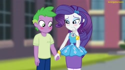 Size: 3640x2048 | Tagged: safe, artist:georgegarza01, imported from derpibooru, rarity, spike, equestria girls, blushing, cute, duo, female, giggling, high res, holding hands, human spike, male, raribetes, rarity peplum dress, shipping, show accurate, sparity, spikabetes, straight