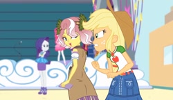 Size: 1244x719 | Tagged: safe, imported from derpibooru, screencap, applejack, pinkie pie, rarity, vignette valencia, equestria girls, equestria girls series, rollercoaster of friendship, angry, applejack's hat, back, cellphone, cowboy hat, female, flower, flower in hair, hat, phone, smartphone