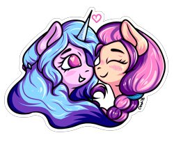 Size: 2475x2017 | Tagged: safe, artist:coco-drillo, imported from derpibooru, izzy moonbow, sunny starscout, earth pony, pony, unicorn, blushing, boop, braid, cute, female, g5, heart eyes, high res, izzybetes, izzyscout, lesbian, my little pony: a new generation, noseboop, outline, shipping, simple background, smiling, sunnybetes, transparent background, wingding eyes