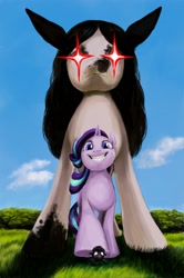 Size: 2725x4096 | Tagged: safe, artist:misstwipietwins, imported from derpibooru, starlight glimmer, oc, oc:inkenel, oc:oretha, pony, unicorn, angry, cloud, female, giant pony, grass, macro, mare, micro, now you fucked up, red eyes take warning, size difference, smiling, this will end in pain, this will not end well