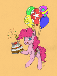 Size: 1111x1481 | Tagged: safe, artist:lef-fa, imported from derpibooru, pinkie pie, earth pony, pony, balloon, cake, confetti, female, food, simple background, solo, tongue out