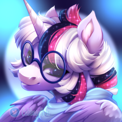 Size: 750x750 | Tagged: safe, artist:cabbage-arts, imported from derpibooru, oc, oc only, oc:mystic mysteries, alicorn, pony, alicorn oc, bust, commission, commissioner:eyesorefortheblind, female, glasses, horn, portrait, solo, wings