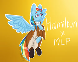 Size: 1280x1024 | Tagged: safe, artist:anastasiaplisetskaya, imported from derpibooru, rainbow dash, pegasus, pony, alternate hairstyle, clothes, crossover, female, flying, gradient background, hamilton, ponytober, solo