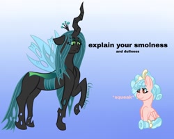 Size: 1280x1024 | Tagged: safe, artist:anastasiaplisetskaya, imported from derpibooru, cozy glow, queen chrysalis, changeling, dog, pegasus, pony, shiba inu, duo, explain your smolness, female, gradient background, meme, ponified meme, ponytober, potat, shibe, smol, squeak