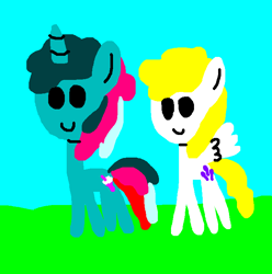 Size: 698x703 | Tagged: safe, artist:tommothetankengine57, imported from derpibooru, fizzy, surprise, pegasus, pony, twinkle eyed pony, unicorn, adoraprise, cute, drawception, duo, female, fizzybetes, friends, g1, land, mare, ponyland, smiley face, smiley face ponies, smiling