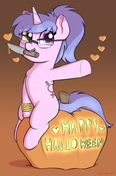 Size: 1516x2300 | Tagged: safe, artist:heretichesh, imported from derpibooru, oc, oc only, oc:steamy, pony, unicorn, commissioner:steamy, female, floating heart, glasses, gradient background, halloween, heart, heterochromia, holiday, jack-o-lantern, knife, mare, mouth hold, pumpkin, sitting, solo