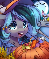 Size: 1707x2048 | Tagged: safe, artist:radioaxi, imported from derpibooru, oc, oc:luny, bat, pony, blue eyes, candy, cute, food, hairclip, halloween, hat, holiday, horseshoes, moon, pumpkin bucket, two toned mane