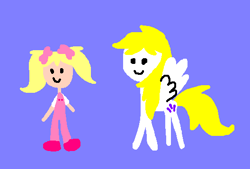 Size: 528x357 | Tagged: safe, artist:tommothetankengine57, imported from derpibooru, molly williams, surprise, human, pegasus, pony, adoraprise, clothes, cute, duo, female, g1, lavender background, mare, mollybetes, overalls, pigtails, shoes, simple background, smiley face, smiley face ponies, younger