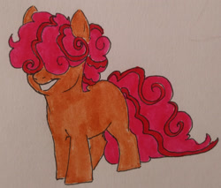 Size: 2633x2248 | Tagged: safe, artist:deadcat1888, imported from derpibooru, oc, oc only, oc:cherry swirl, earth pony, pony, hair over eyes, high res, offspring, parent:cherry jubilee, parent:flam, smiling, solo, traditional art