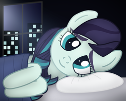 Size: 1920x1540 | Tagged: safe, artist:angryprogrockbrony, derpibooru exclusive, imported from derpibooru, coloratura, earth pony, pony, bed, explicit description, female, looking at you, mare, pillow, sharing a bed, solo, waifu, waking up, wholesome