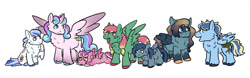 Size: 1600x498 | Tagged: safe, artist:moonstruck-badger, imported from derpibooru, princess flurry heart, oc, oc:dragonfly, oc:eventide, oc:frost shimmer, oc:rain shower, oc:skyline, alicorn, pegasus, pony, colt, female, filly, filly flurry heart, fluffy, foal, magical lesbian spawn, male, offspring, older, older flurry heart, parent:applejack, parent:fluttershy, parent:princess cadance, parent:princess luna, parent:rainbow dash, parent:rockhoof, parent:shining armor, parent:soarin', parents:flutterdash, parents:rockluna, parents:shiningcadance, parents:soarinjack, simple background, tongue out, white background