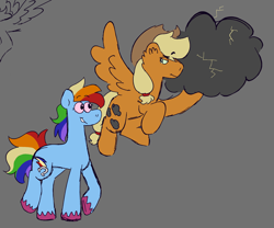 Size: 1368x1136 | Tagged: safe, artist:tezzbot, imported from derpibooru, applejack, rainbow dash, earth pony, pegasus, pony, alternate universe, appledash, cloud, earth pony rainbow dash, female, flapplejack, gray background, lesbian, race swap, role reversal, shipping, simple background, smiling, unshorn fetlocks, walking