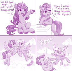 Size: 1400x1389 | Tagged: safe, artist:dstears, imported from derpibooru, izzy moonbow, sunny starscout, earth pony, pegasus, pony, unicorn, 4 panel comic, bracelet, comic, falling, female, g5, jewelry, mare, my little pony: a new generation, random pony, scene interpretation, speech bubble, the implications are horrible, this will end in death, this will end in tears, this will end in tears and/or death