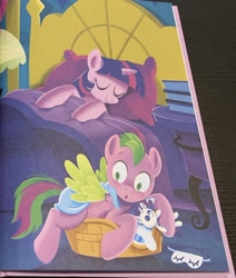 Size: 602x709 | Tagged: source needed, safe, artist:anthony conley, imported from derpibooru, rarity, spike, twilight sparkle, alicorn, pegasus, pony, a pony named spike, age progression, bed, book, crush plush, duo, female, implied transformation, male, mare, older, older spike, pet bed, plushie, ponified, ponified spike, rarity plushie, sleep mask, sleeping, species swap, spike's bed, stallion, twilight sparkle (alicorn)