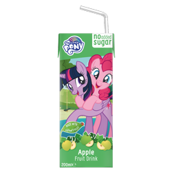 Size: 1080x1080 | Tagged: safe, imported from derpibooru, pinkie pie, twilight sparkle, alicorn, earth pony, insect, ladybug, apple, apple juice, appy kids, appy kids co, drink, duo, female, food, hug, hug from behind, juice, juice box, merchandise, my little pony logo, stock vector, twilight sparkle (alicorn), united kingdom, what could possibly go wrong