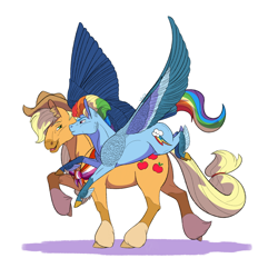 Size: 1280x1280 | Tagged: safe, artist:will-owl-the-wisp, imported from derpibooru, applejack, rainbow dash, earth pony, pegasus, pony, alternate hairstyle, appledash, chest feathers, clothes, cowboy hat, feathered fetlocks, female, hat, larger female, lesbian, mare, shawl, shipping, simple background, size difference, smaller female, transparent background, white background