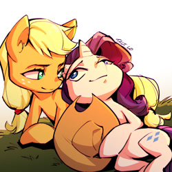 Size: 1280x1280 | Tagged: safe, artist:taltlo, imported from derpibooru, applejack, rarity, earth pony, pony, unicorn, accessory theft, applejack's hat, cowboy hat, female, hat, lesbian, looking at each other, mare, rarijack, shipping