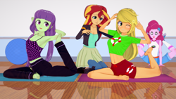 Size: 1136x640 | Tagged: safe, artist:cyber-murph, imported from derpibooru, applejack, pinkie pie, starlight, starshine, sunset shimmer, equestria girls, 3d, armpits, barefoot, belly button, clothes, cute, feet, female, hilarious in hindsight, koikatsu, lifeguard applejack, midriff, pants, pinkie being pinkie, struggling, tanktop, yoga, yoga mat, yoga pants