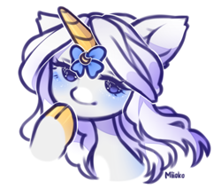 Size: 910x805 | Tagged: safe, artist:miioko, imported from derpibooru, oc, oc only, pony, unicorn, bust, cloven hooves, horn, simple background, smiling, unicorn oc, white background