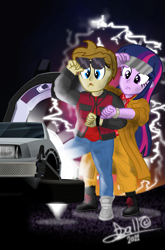 Size: 2717x4128 | Tagged: safe, artist:tidmouthmilk12, imported from derpibooru, twilight sparkle, oc, oc:tidmouth milk, equestria girls, back to the future, car, delorean, duo, equestria girls-ified, female, high res, male, movie poster, vector