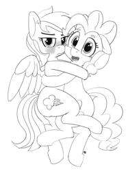 Size: 4086x5466 | Tagged: safe, artist:pabbley, imported from twibooru, pinkie pie, rainbow dash, earth pony, pegasus, pony, black and white, blushing, cuddling, cute, female, grayscale, hug, image, lesbian, mare, monochrome, pinkiedash, png, possessive, shipping, simple background, snuggling, white background