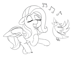 Size: 5976x4667 | Tagged: safe, artist:pabbley, imported from twibooru, fluttershy, bird, pegasus, pony, black and white, eyes closed, female, grayscale, image, mare, monochrome, music notes, open mouth, png, simple background, singing, sketch, white background