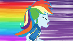 Size: 3410x1920 | Tagged: safe, imported from derpibooru, screencap, rainbow dash, equestria girls, equestria girls series, holidays unwrapped, spoiler:eqg series (season 2), breasts, clothes, cutie mark, cutie mark on clothes, dashing through the mall, eyes closed, female, geode of super speed, high res, hoodie, jewelry, magical geodes, necklace, open mouth, rainbow trail, solo