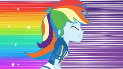 Size: 3410x1920 | Tagged: safe, imported from derpibooru, screencap, rainbow dash, equestria girls, equestria girls series, holidays unwrapped, spoiler:eqg series (season 2), breasts, clothes, cutie mark, cutie mark on clothes, dashing through the mall, eyes closed, female, geode of super speed, high res, hoodie, jewelry, magical geodes, necklace, rainbow trail, solo