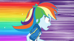 Size: 3410x1920 | Tagged: safe, imported from derpibooru, screencap, rainbow dash, equestria girls, equestria girls series, holidays unwrapped, spoiler:eqg series (season 2), breasts, clothes, cutie mark, cutie mark on clothes, dashing through the mall, female, geode of super speed, high res, hoodie, jewelry, magical geodes, necklace, open mouth, rainbow trail, solo