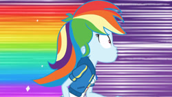 Size: 3410x1920 | Tagged: safe, imported from derpibooru, screencap, rainbow dash, equestria girls, equestria girls series, holidays unwrapped, spoiler:eqg series (season 2), breasts, clothes, cutie mark, cutie mark on clothes, dashing through the mall, female, geode of super speed, high res, hoodie, jewelry, magical geodes, necklace, open mouth, rainbow trail, solo