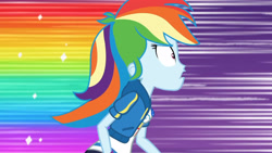 Size: 3410x1920 | Tagged: safe, imported from derpibooru, screencap, rainbow dash, equestria girls, equestria girls series, holidays unwrapped, spoiler:eqg series (season 2), breasts, clothes, cutie mark, cutie mark on clothes, dashing through the mall, female, geode of super speed, high res, hoodie, jewelry, magical geodes, necklace, open mouth, rainbow trail, solo