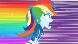 Size: 3410x1920 | Tagged: safe, imported from derpibooru, screencap, rainbow dash, equestria girls, equestria girls series, holidays unwrapped, spoiler:eqg series (season 2), breasts, clothes, cutie mark, cutie mark on clothes, dashing through the mall, female, geode of super speed, high res, hoodie, jewelry, magical geodes, necklace, open mouth, rainbow trail, solo