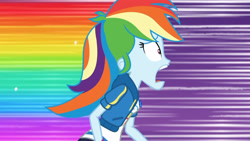 Size: 3410x1920 | Tagged: safe, imported from derpibooru, screencap, rainbow dash, equestria girls, equestria girls series, holidays unwrapped, spoiler:eqg series (season 2), breasts, clothes, cutie mark, cutie mark on clothes, dashing through the mall, female, geode of super speed, high res, hoodie, jewelry, magical geodes, necklace, open mouth, rainbow trail, solo