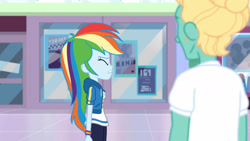 Size: 3410x1920 | Tagged: safe, imported from derpibooru, screencap, rainbow dash, zephyr breeze, equestria girls, equestria girls series, holidays unwrapped, spoiler:eqg series (season 2), breasts, clothes, cutie mark, cutie mark on clothes, dashing through the mall, eyes closed, female, geode of super speed, high res, hoodie, jewelry, magical geodes, male, necklace