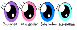 Size: 1098x432 | Tagged: safe, artist:richup65, imported from derpibooru, baby half note, baby sundance, surprise, wind whistler, eye, eyelashes, eyes, eyes only, g1, simple background, white background