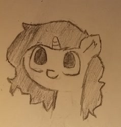 Size: 1370x1439 | Tagged: safe, artist:applejacko1112, imported from derpibooru, pony, unicorn, bust, ear fluff, looking at you, pencil drawing, portrait, sketch, smiling, solo, traditional art