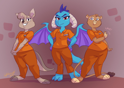 Size: 1280x919 | Tagged: safe, artist:croxovergoddess, imported from derpibooru, princess ember, anthro, big cat, kangaroo, lion, clothes, crossover, el arca, furry, kairel, matilda the roo, noah's ark, prison outfit, prisoner, prisoner ember