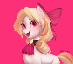 Size: 2048x1775 | Tagged: safe, artist:bubblepurity, imported from derpibooru, oc, oc only, oc:candy puremag, earth pony, pony, bow, choker, hair bow, open mouth, pink background, simple background, smiling, solo